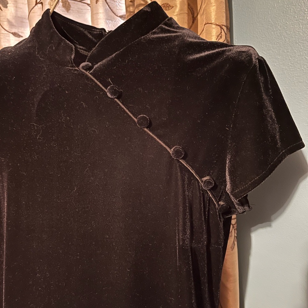 Lennie LNY Asian Style Mandarin Collar Black Velvet Stretch Vintage Dress L